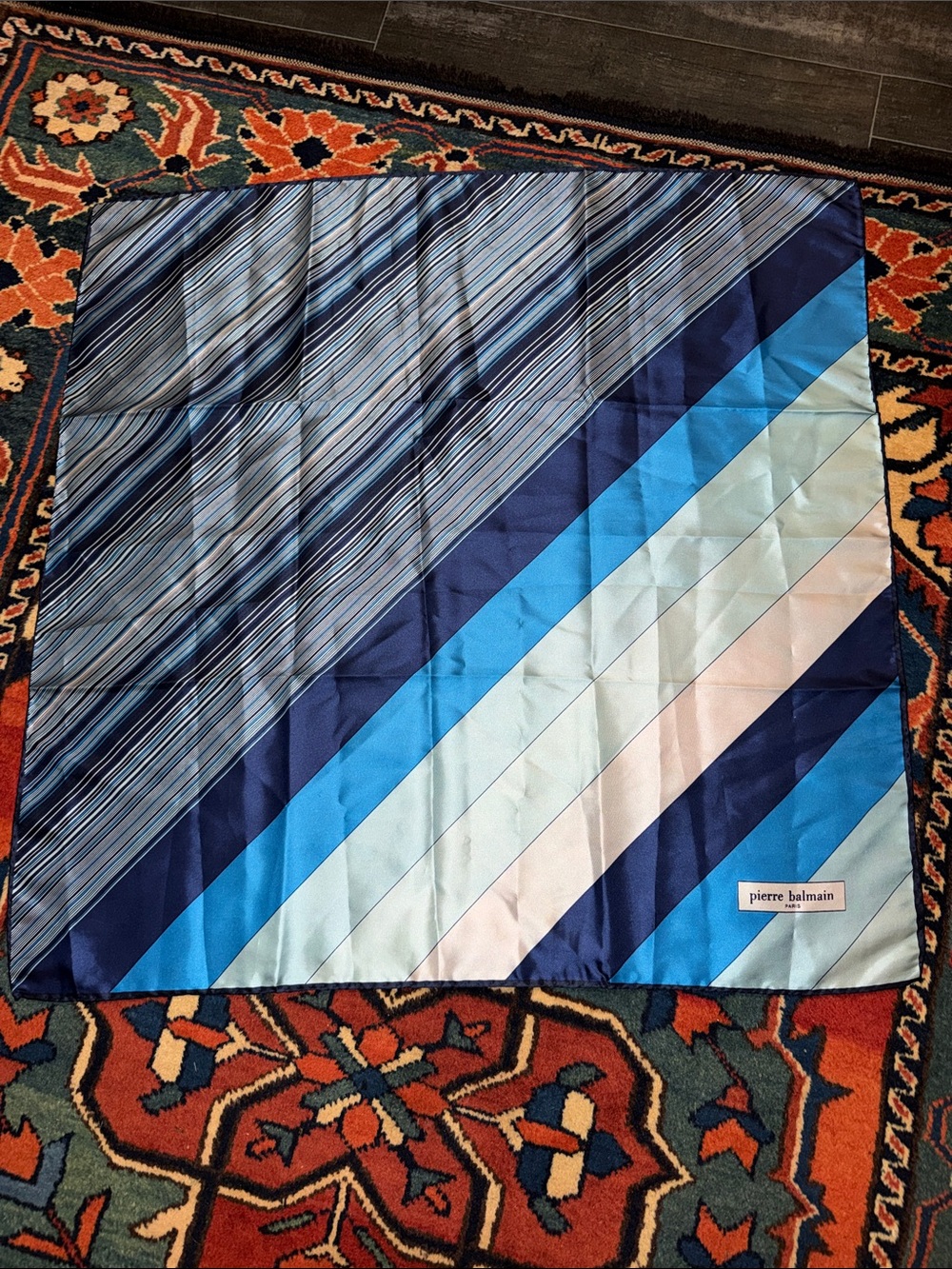 Vintage Pierre Balmain Silk Scarf Geometric Diagonal Striped Blue Cream~ 26"Sq